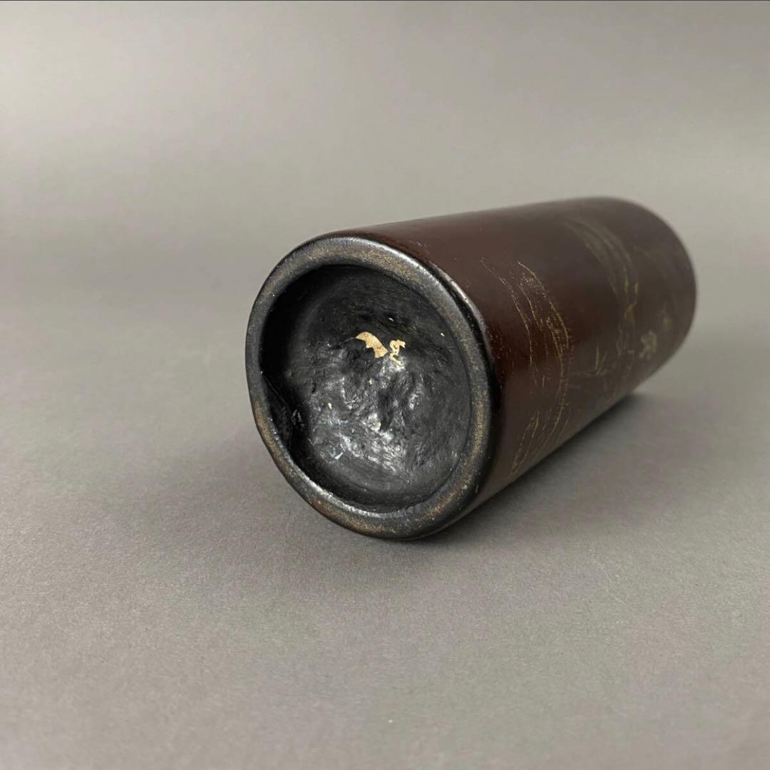 清~民国 黒漆金彩山水紋筆筒 X-85