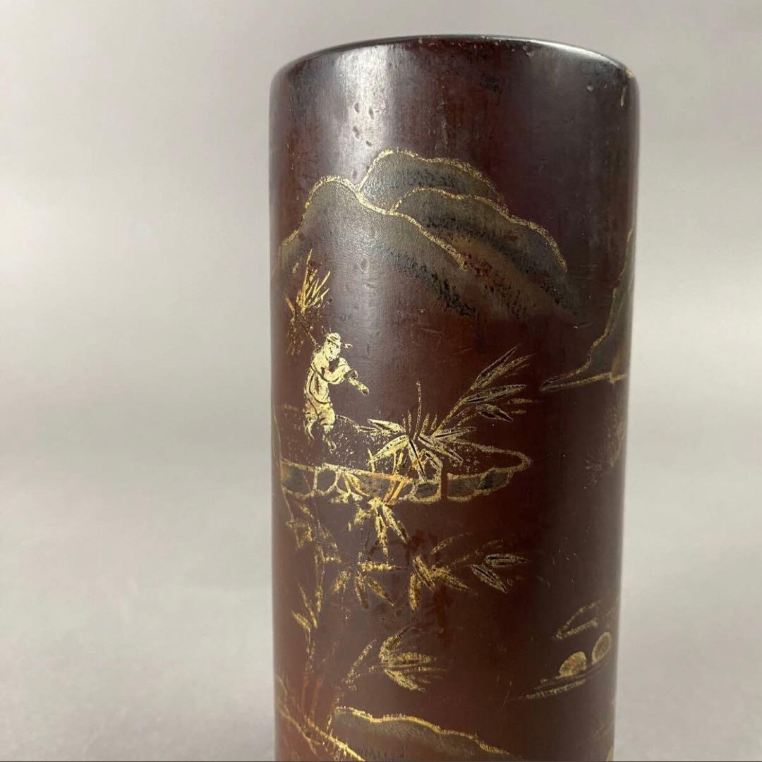 清~民国 黒漆金彩山水紋筆筒 X-85