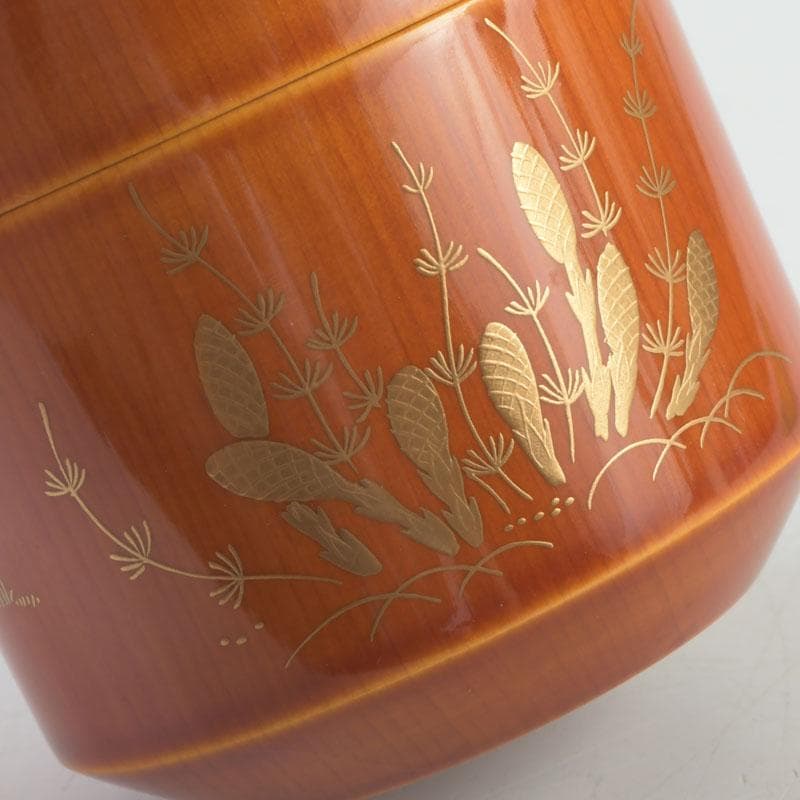 茶道具　蒔絵師　西條一斎作　春慶塗　春草蒔絵　棗　共箱　V　9301