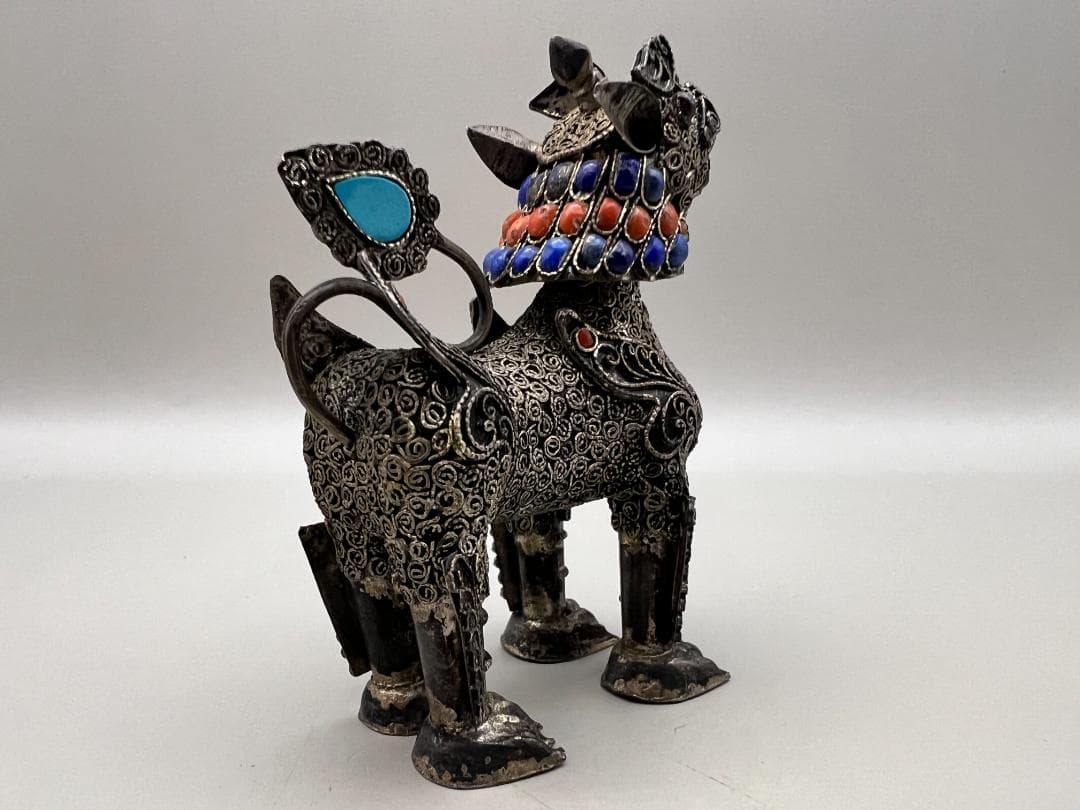 【海】民国期　銀製　獅子　珊瑚　ラピスラズリ　トルコ石装飾　中国骨董品