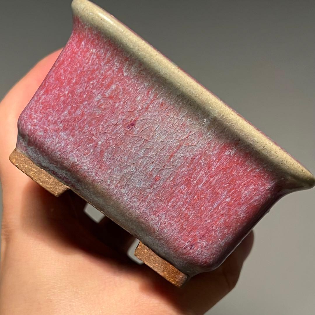 835.平安虹泉 紫釉抚角長方 盆栽鉢 植木鉢 11.7*9.7*5.7cm