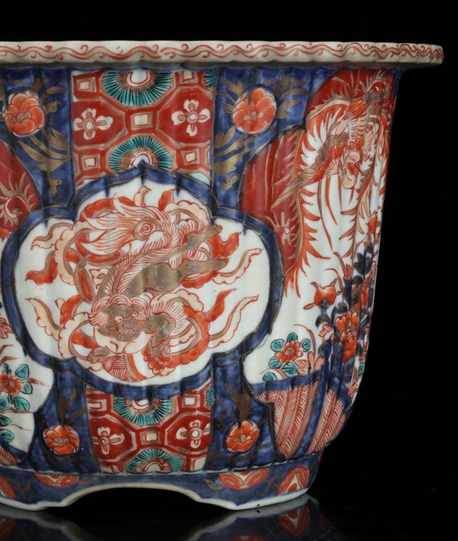 古伊万里 錦手丸鉢 色絵窓絵 鳳凰獅子文 植木鉢 蘭鉢 盆栽鉢 古美術 骨董品