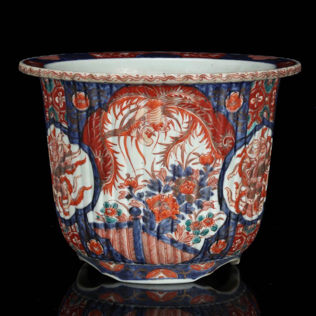 古伊万里 錦手丸鉢 色絵窓絵 鳳凰獅子文 植木鉢 蘭鉢 盆栽鉢 古美術 骨董品