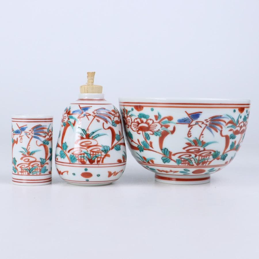 Y3104-2 高台寺蒔絵 茶箱セット 赤絵茶碗 棗 他 紙箱付　BBB