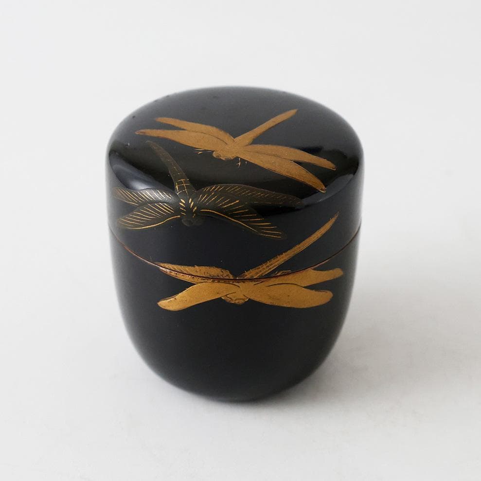 時代 輪島塗 木製 黒塗 棗 蜻蛉 蝶金蒔絵 勝虫 茶道具 漆器 漆芸