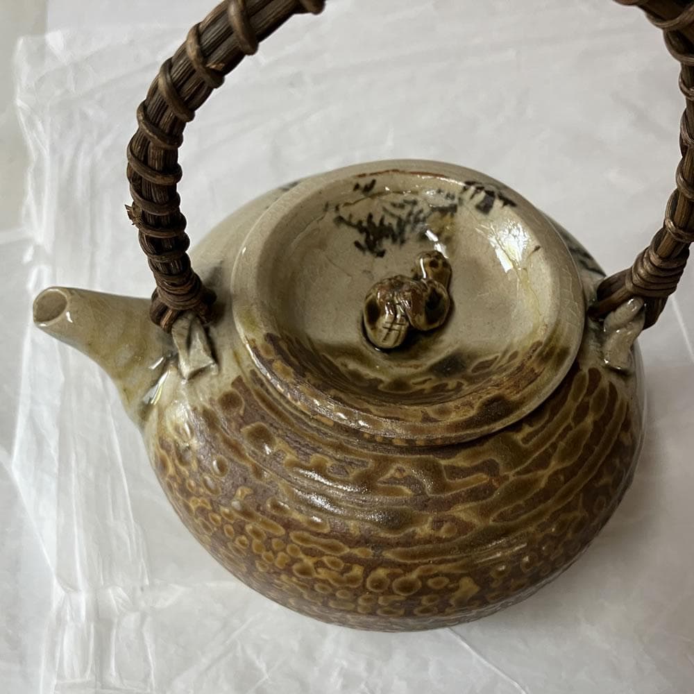 p015 古高取 急須 宝珠 魚 画 霊芝 摘み 茶道具