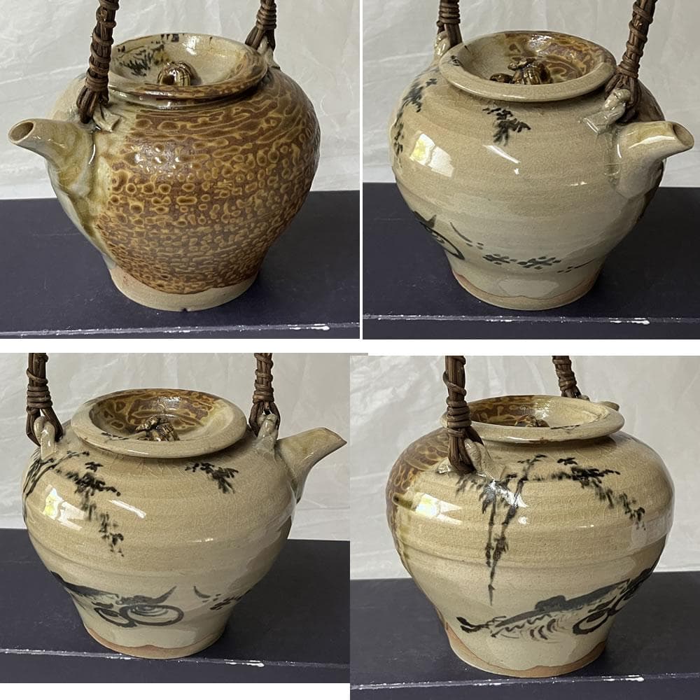 p015 古高取 急須 宝珠 魚 画 霊芝 摘み 茶道具