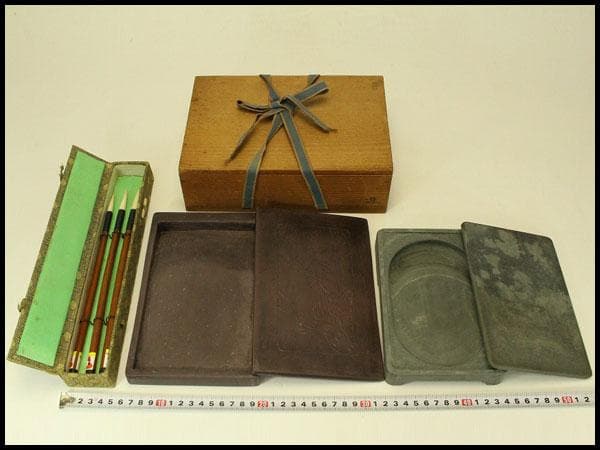 古い 文房具 硯 二面 筆 三本 まとめて(ZE538)
