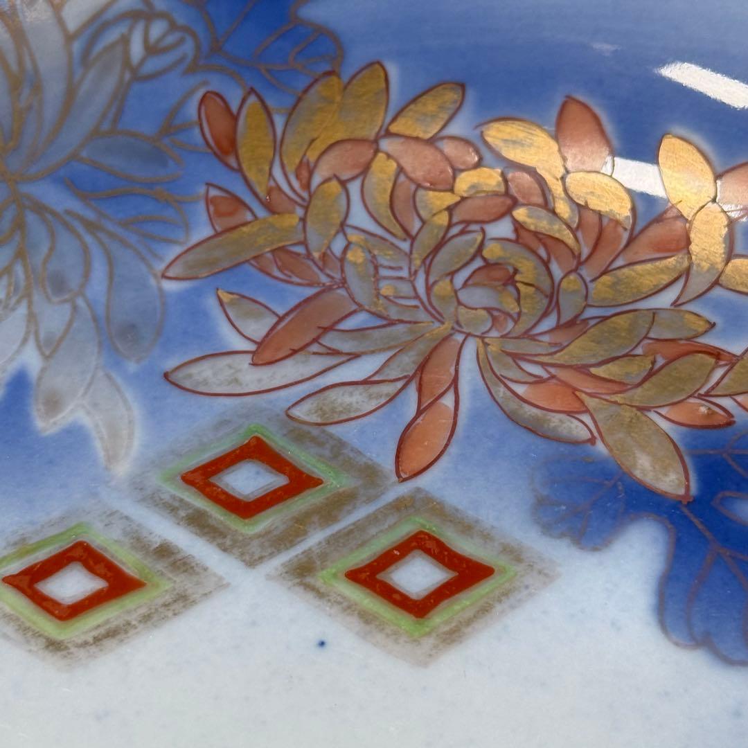 オールド深川製磁　明治時代　色絵菊文様三ツ鉢　深川ブルー　金彩　香蘭社