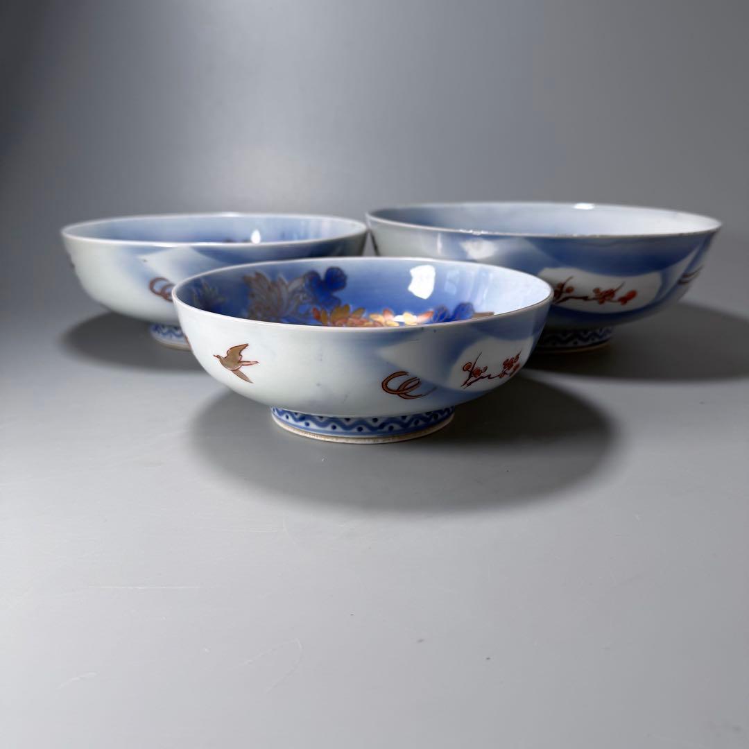 オールド深川製磁　明治時代　色絵菊文様三ツ鉢　深川ブルー　金彩　香蘭社