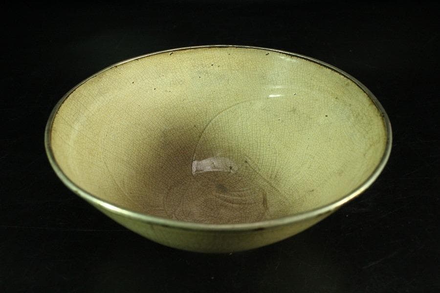 中国美術 銀覆輪 刻草花紋 白磁碗 文化財指定書付(K-A830)