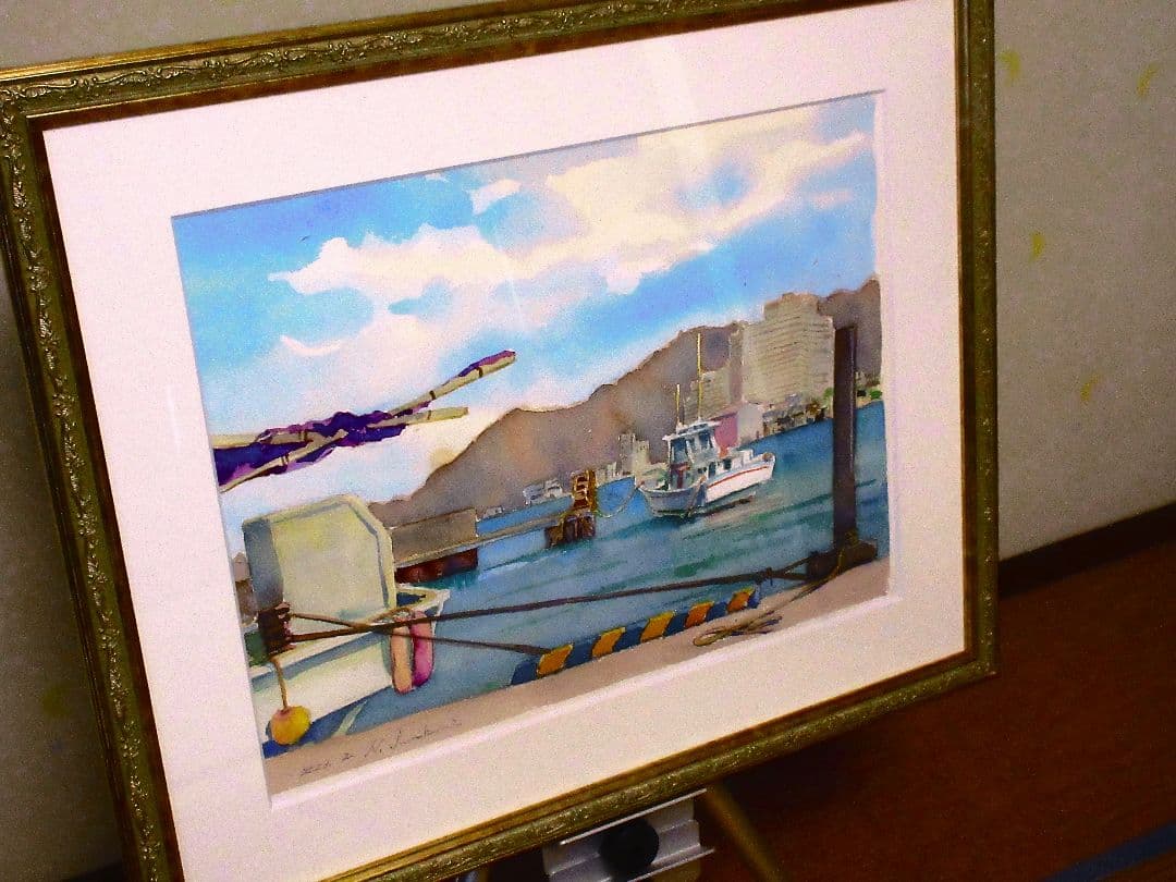港の風景 水彩画 金色フレーム付き F6サイズ