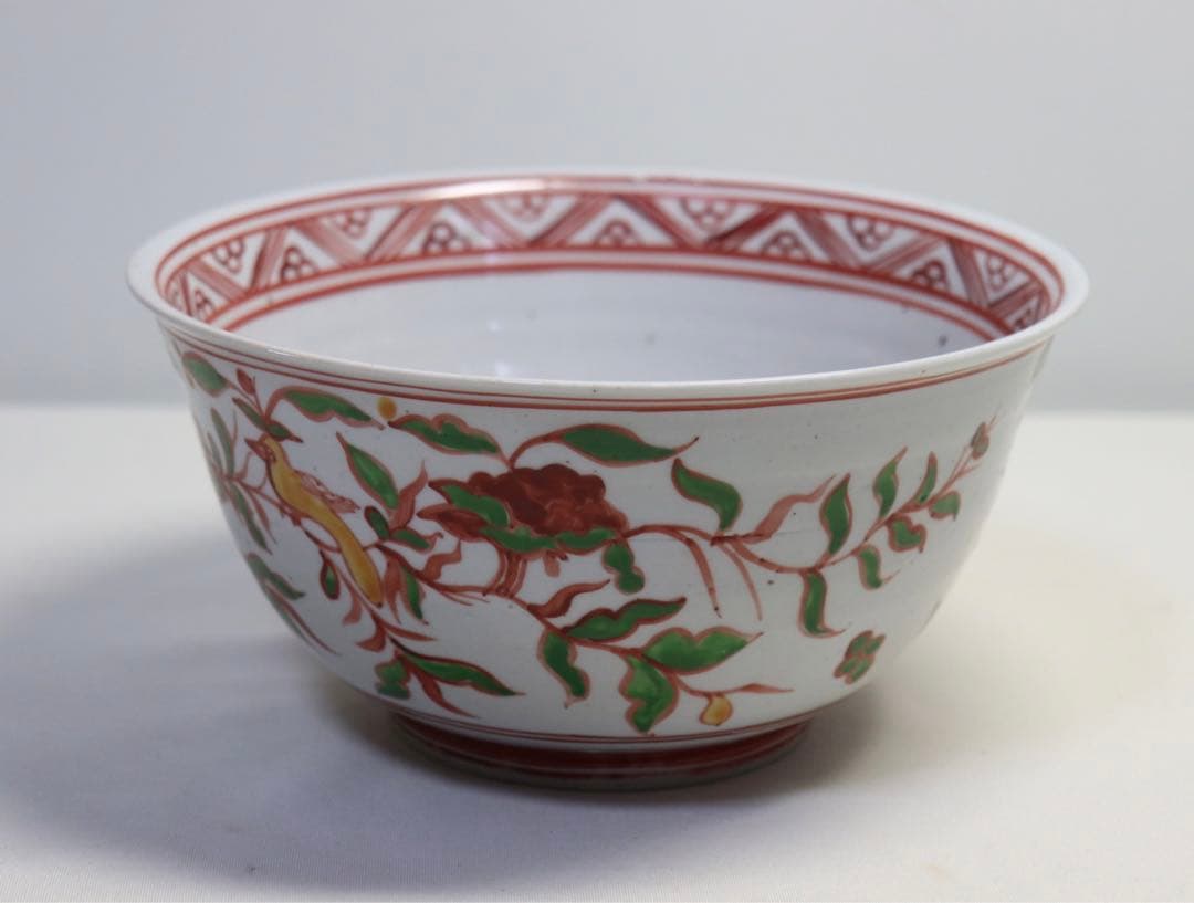 中国　紅緑彩花鳥紋碗　送料込み1025