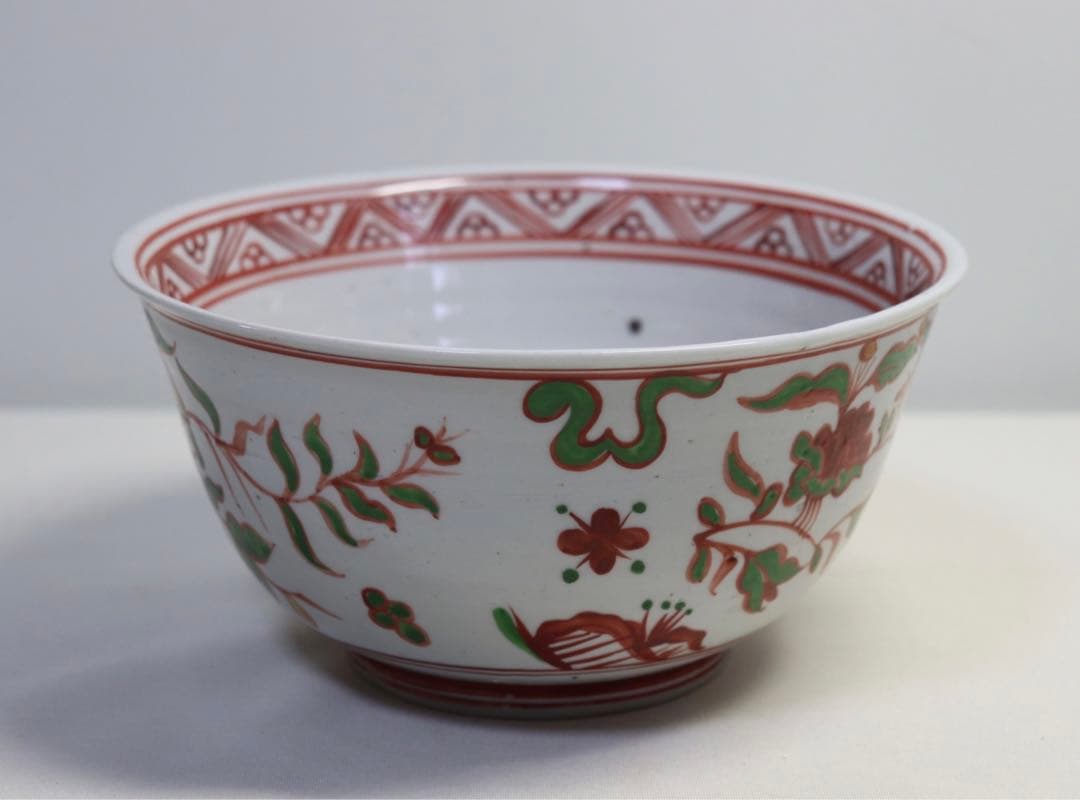 中国　紅緑彩花鳥紋碗　送料込み1025