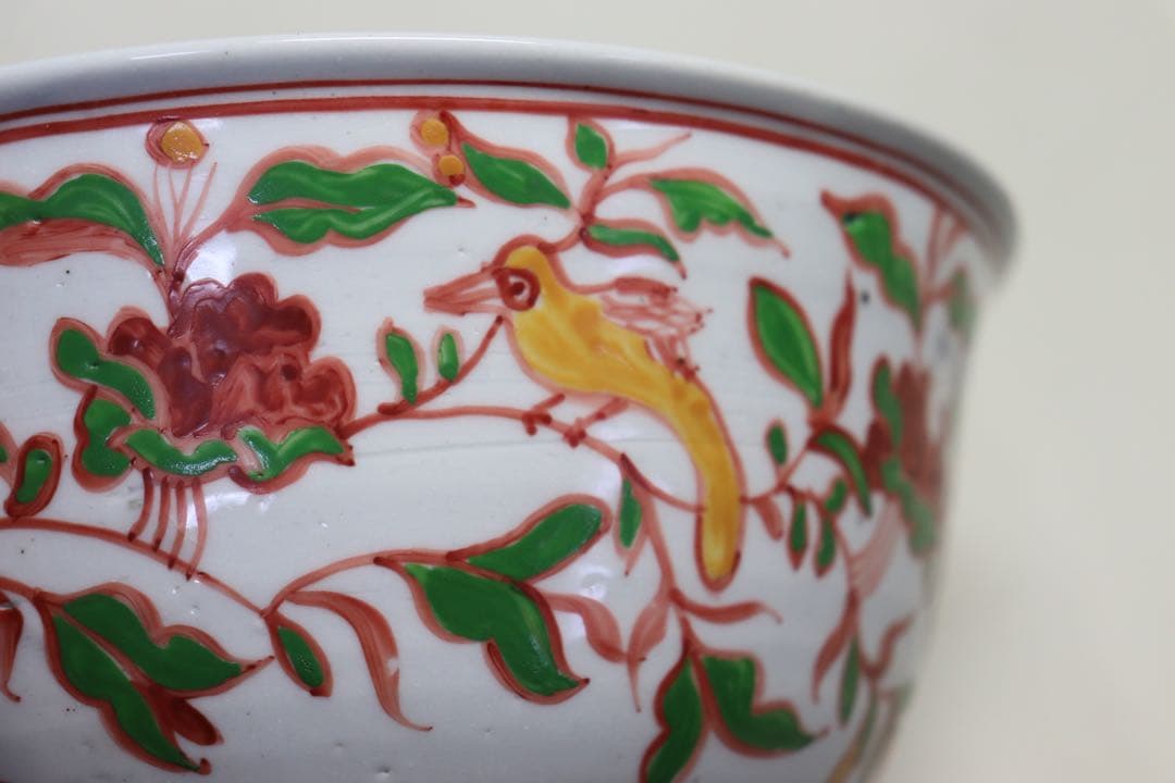 中国　紅緑彩花鳥紋碗　送料込み1025