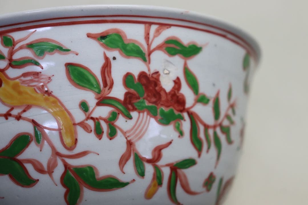 中国　紅緑彩花鳥紋碗　送料込み1025