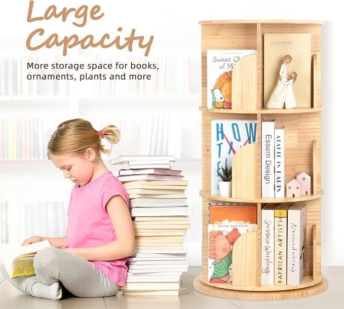 【新品】便利過ぎる回転本棚　ナチュラルな白木の天然木　３段
