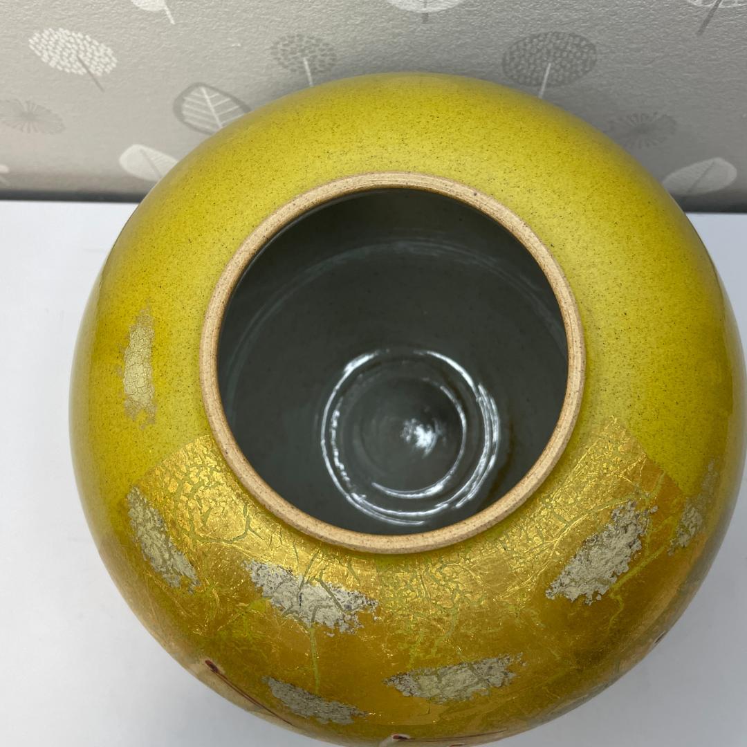 現状品 九谷焼 光陽 山田登陽志 金箔鶴 花瓶 花器 径25×高24cm 陶器