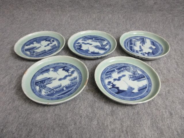 古伊万里冨貴長春青磁染付風景図焼物皿5枚 [B27960]