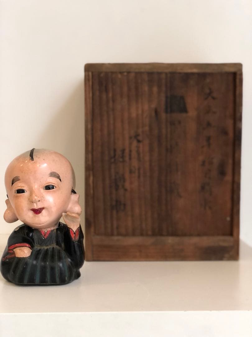 大正5年　福助人形　胡粉仕上げオープンマウス　骨董品　首動人形 インテリア　置物