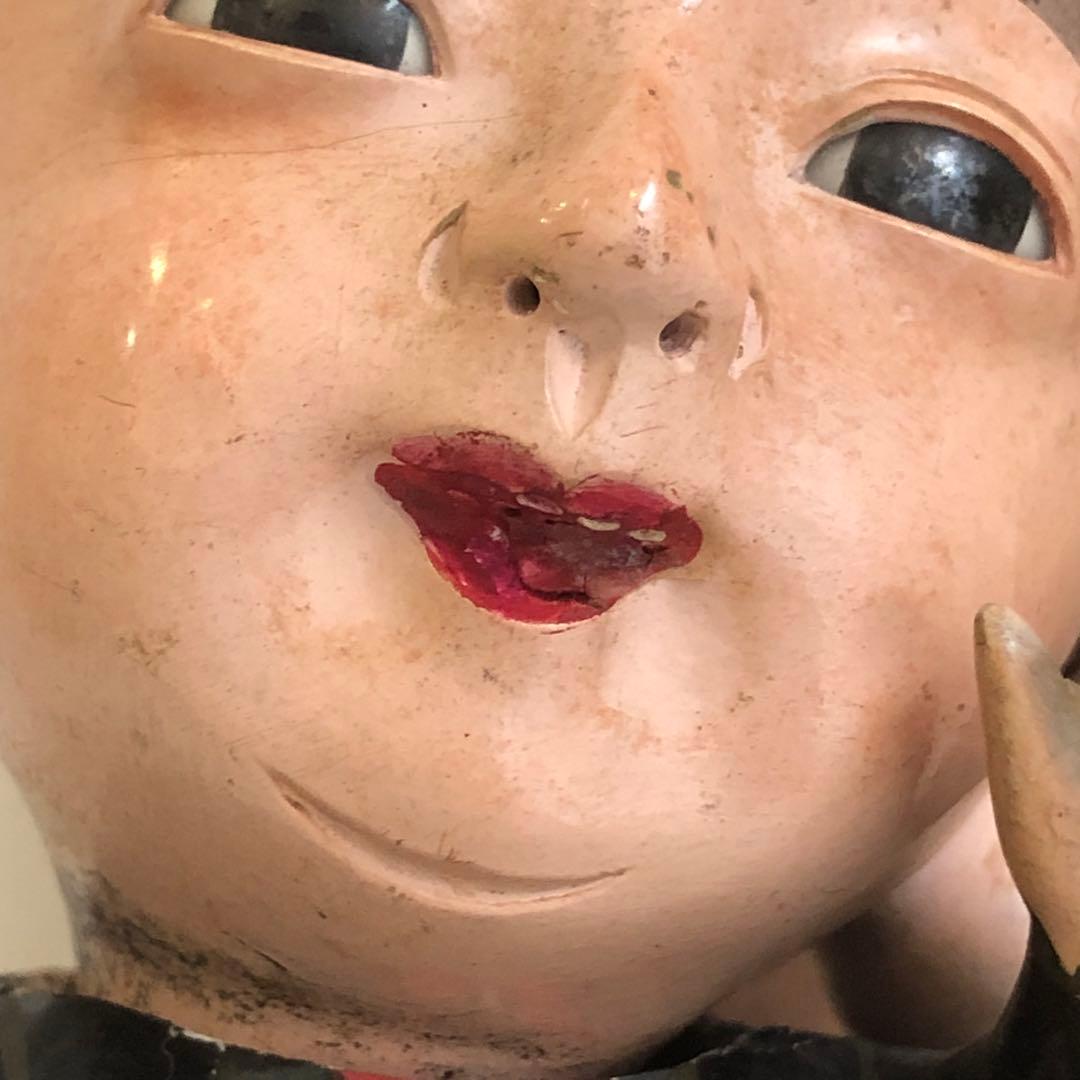 大正5年　福助人形　胡粉仕上げオープンマウス　骨董品　首動人形 インテリア　置物