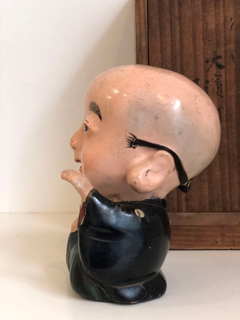 大正5年　福助人形　胡粉仕上げオープンマウス　骨董品　首動人形 インテリア　置物
