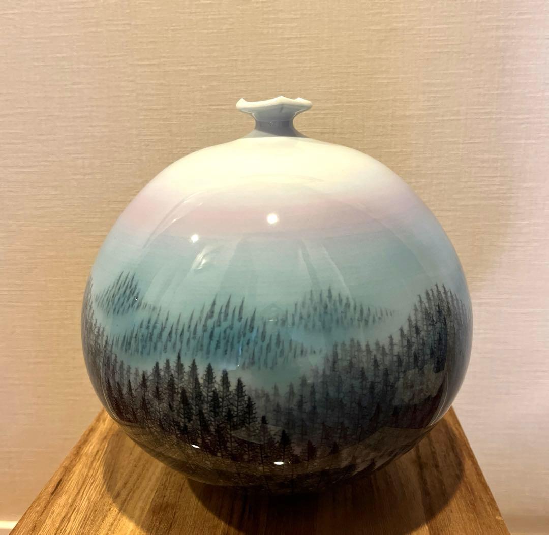 有田焼　日展入選多数　藤井朱明　朱明窯　「朝日」　壺　花瓶　花器　箱付き