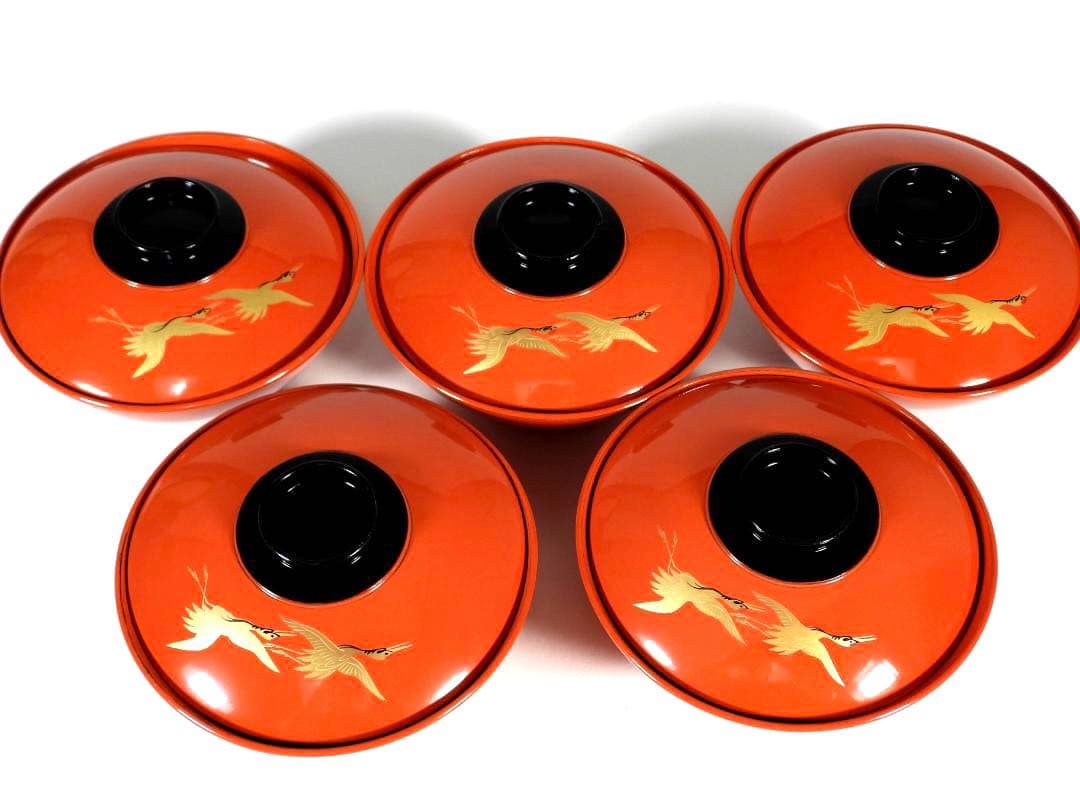 金蒔絵 千羽鶴 煮物椀 5客 木製漆器 天然木 輪島金沢能登 汁椀　蓋碗