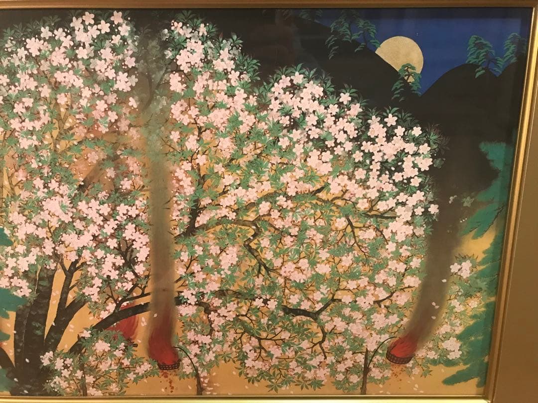 マリさま専用　横山大観　「夜桜・左隻」　工藝画　作品証明シール有り