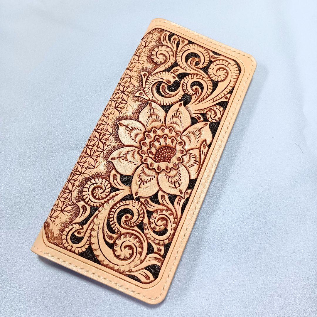 ハンドメイド　レザーカービング　ロングウォレット　長財布　きなり