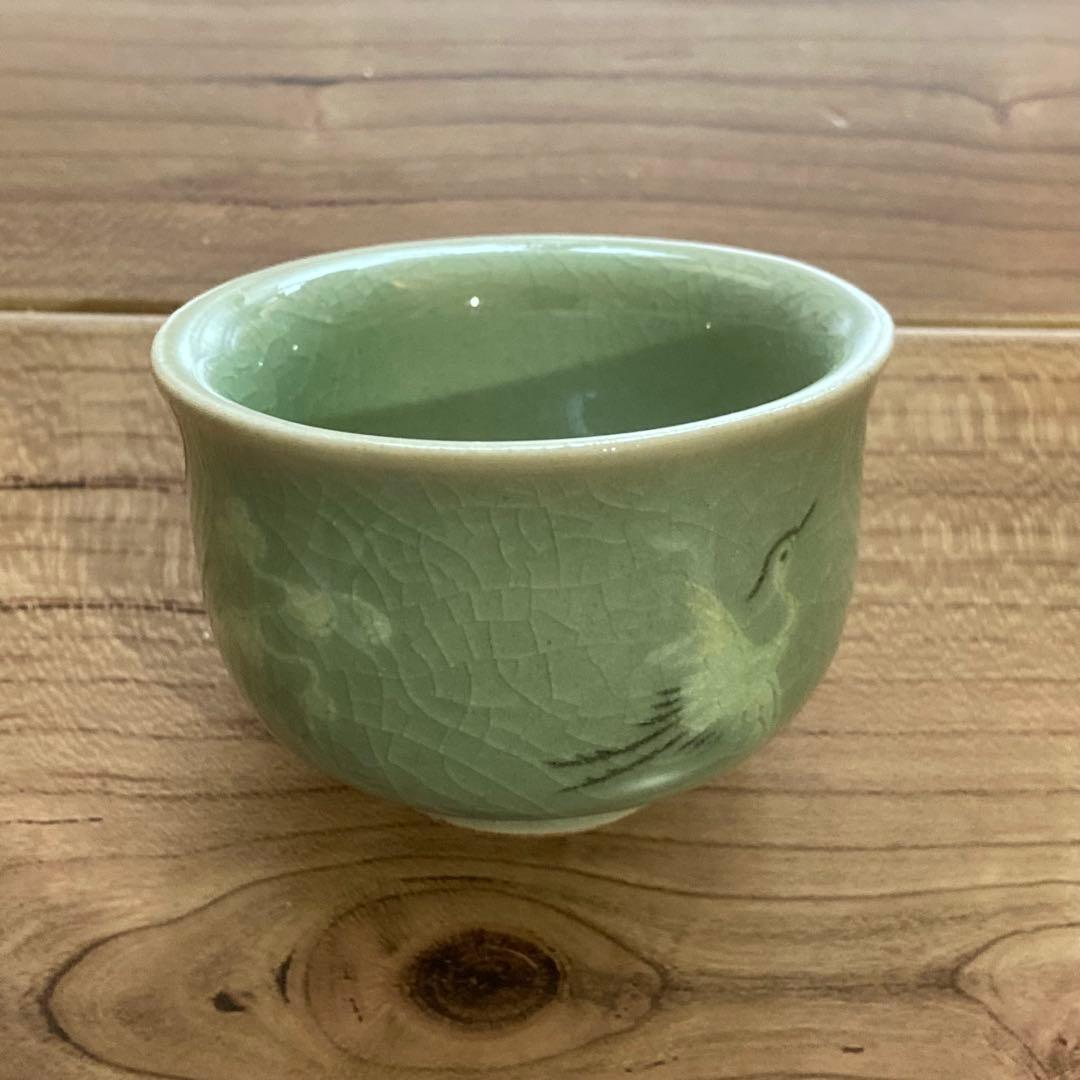 高麗青磁 盃 2客 飛鶴文 貫入 韓国人間文化財 申相浩 作