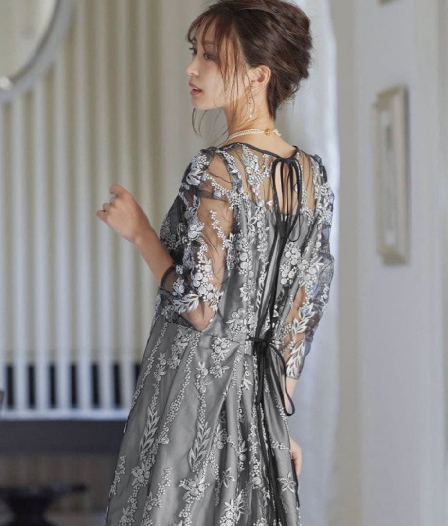 刺　レース　リボン　パーティー　結婚式　オケージョンドレス　黒　シルバー　グレー