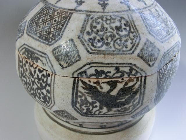 蓋物■白釉粉引八角合子 宋胡録調 蓋鉢 菓子器 鳳凰 唐草 骨董品 時代物 希少