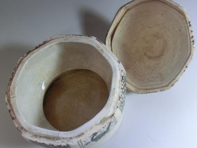 蓋物■白釉粉引八角合子 宋胡録調 蓋鉢 菓子器 鳳凰 唐草 骨董品 時代物 希少