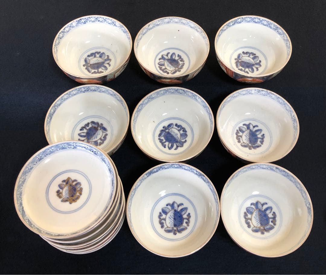 《レ》伊万里 錦手 蓋茶碗8客 金彩 時代 木箱　251104う3