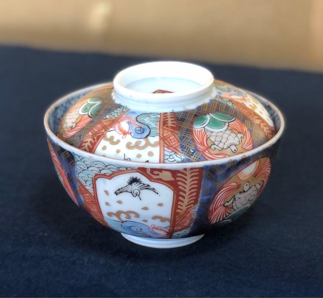 《レ》伊万里 錦手 蓋茶碗8客 金彩 時代 木箱　251104う3