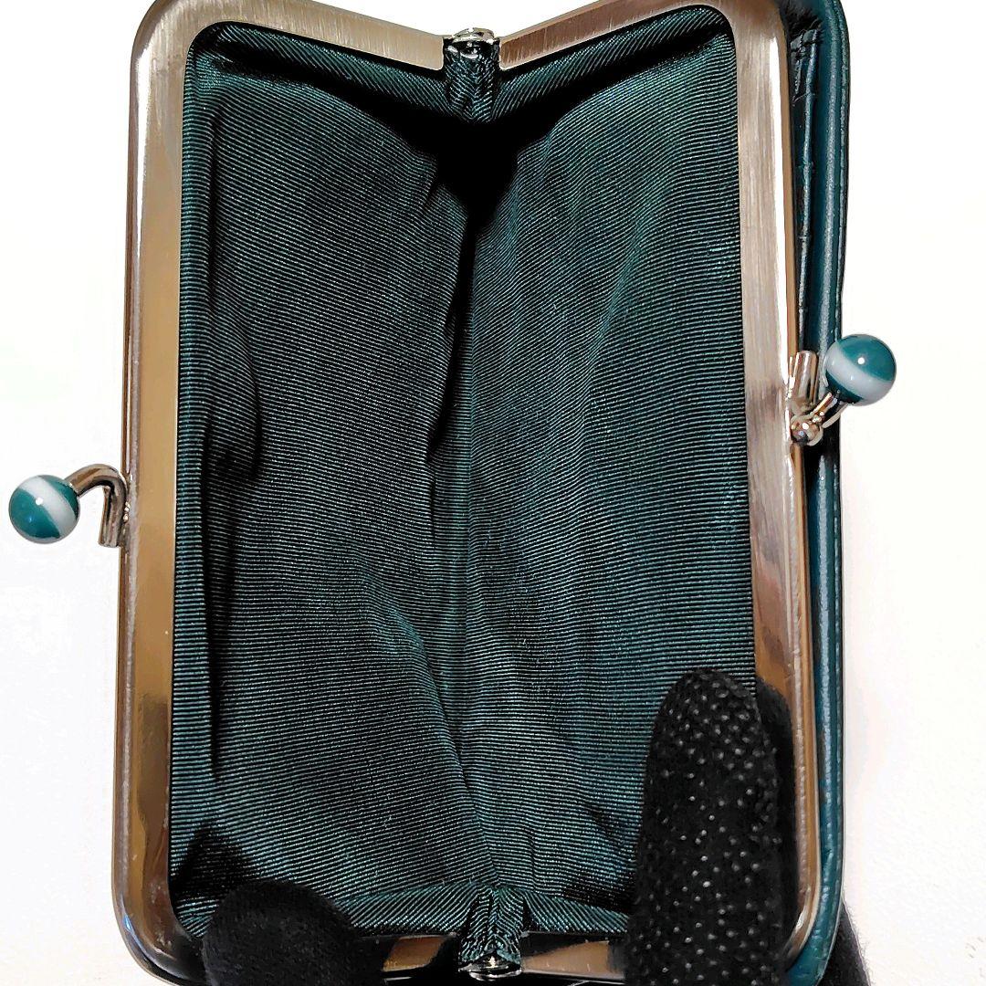 人気色✨　アニエスベー　折り財布　グリーン　レザー　がま口　プリントロゴ