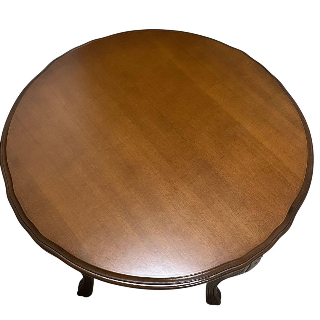 アンティーク調 コーヒーテーブル 猫脚 彫刻 花柄 ダークブラウン 円卓