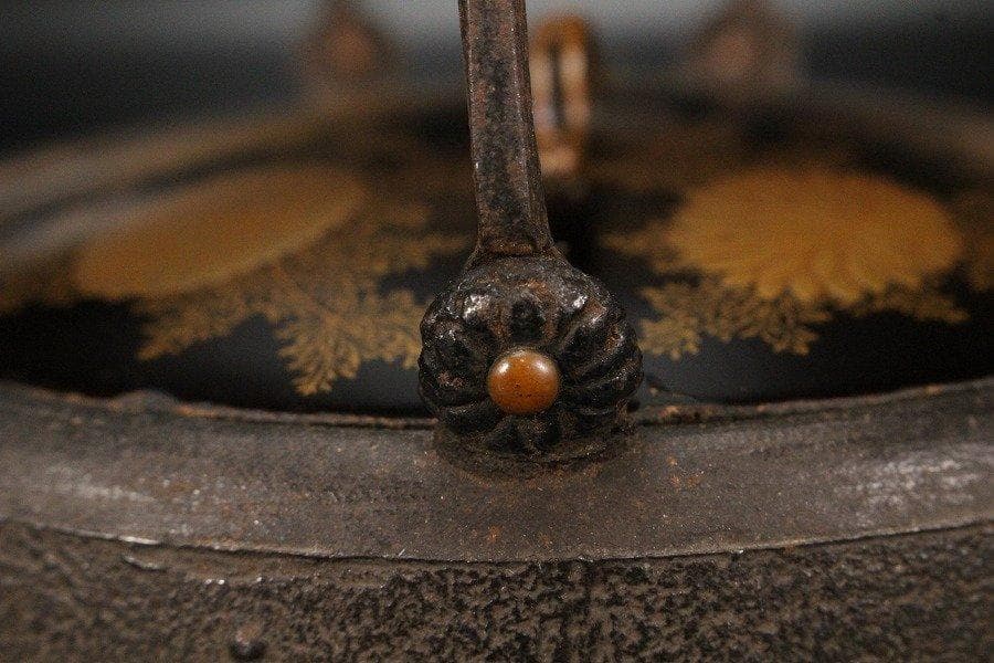 鉄瓶 扇子形持手 銀象嵌 桐地紋 銚子 一対 蒔絵蓋 大名道具 旧家蔵出