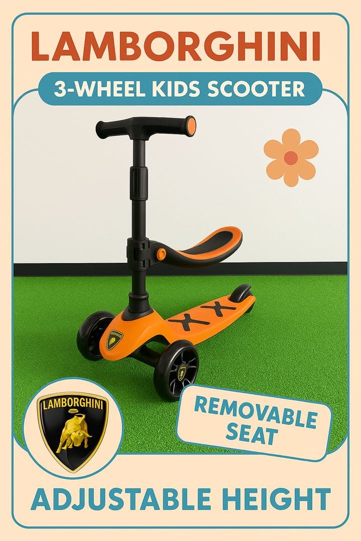 未使用品 ランボルギーニ 三輪キックスクーター｜着脱式シート付き・高さ調整可能