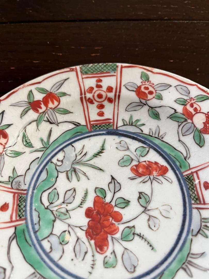 専用です‼️江戸初期　初期伊万里色絵　鍔皿　六寸　無傷　牡丹　柘榴　桃　芙蓉手