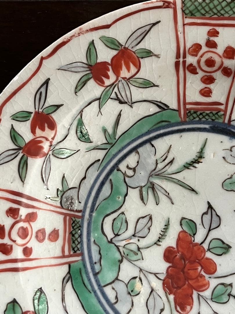 専用です‼️江戸初期　初期伊万里色絵　鍔皿　六寸　無傷　牡丹　柘榴　桃　芙蓉手