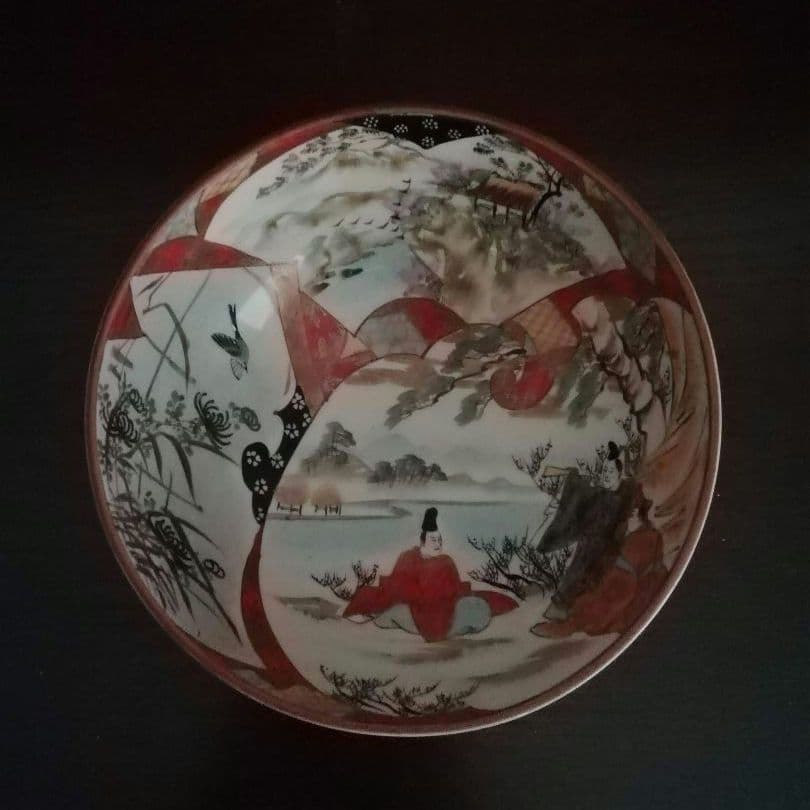 九谷焼　赤絵　鉢　手描き　人物　花鳥図　窓絵　明治　大正ロマン　和骨董