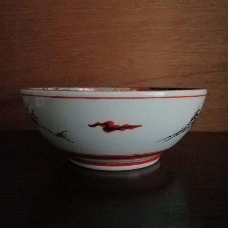 九谷焼　赤絵　鉢　手描き　人物　花鳥図　窓絵　明治　大正ロマン　和骨董