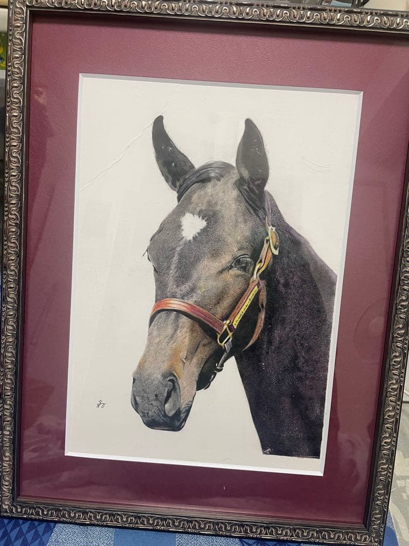 色鉛筆画 馬の肖像 原画 A4サイズ フレーム付き