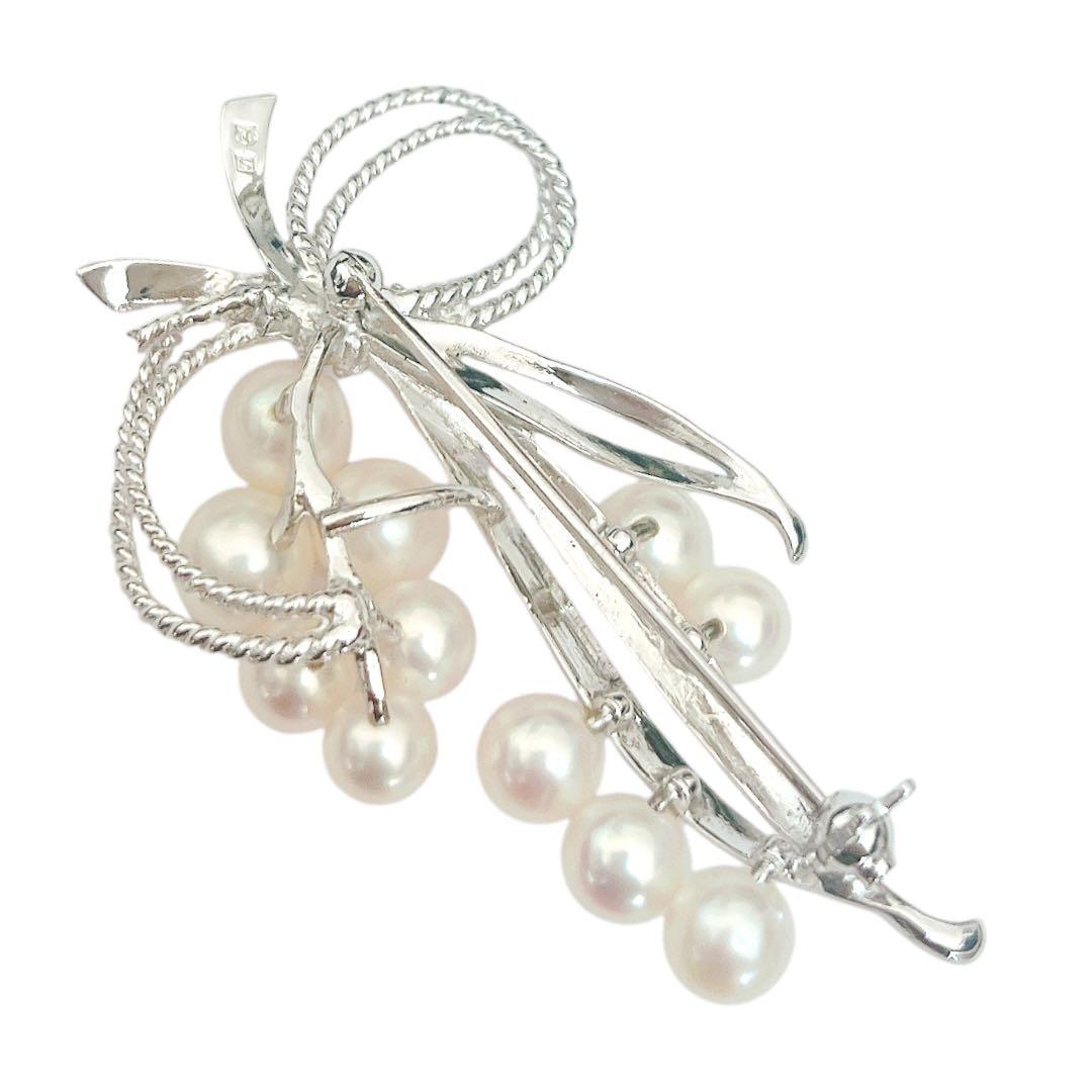 【極美品】MIKIMOTO パールブローチ 11珠 リボン シルバー あこや真珠