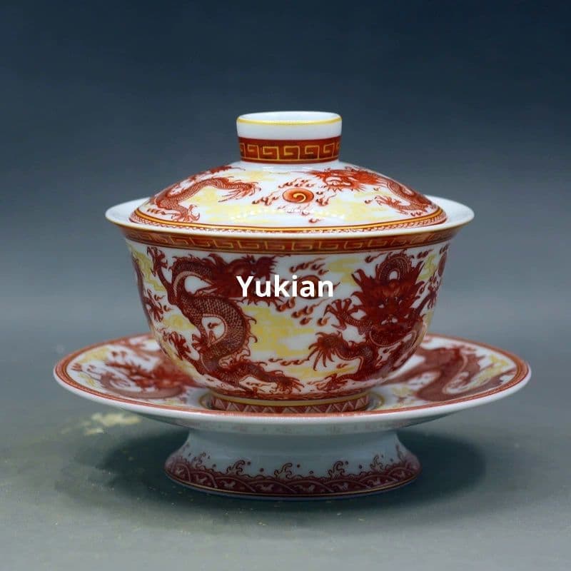 竜三才蓋碗 陶磁 茶器 茶碗 茶道具 香道具 装飾品 現代工芸品