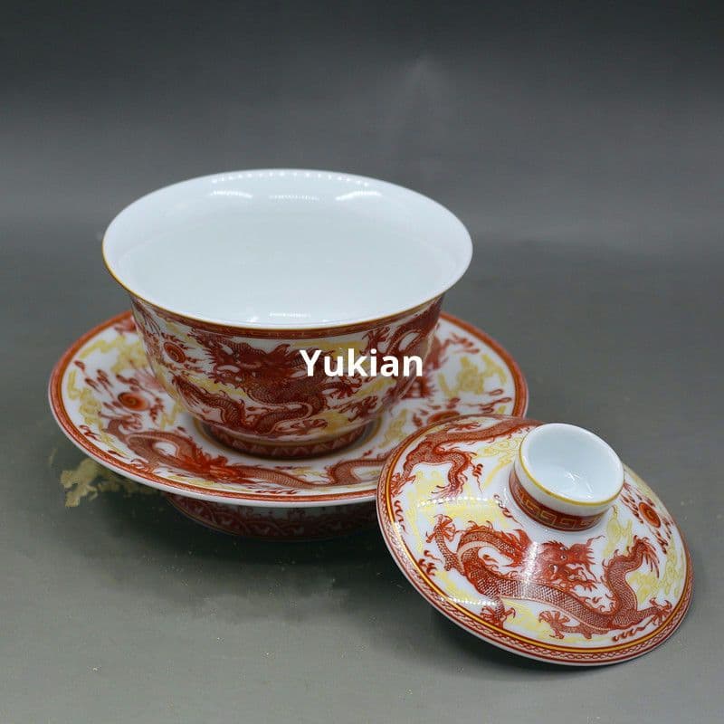 竜三才蓋碗 陶磁 茶器 茶碗 茶道具 香道具 装飾品 現代工芸品