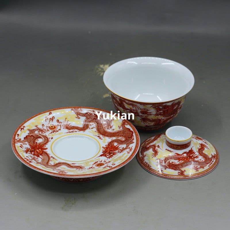 竜三才蓋碗 陶磁 茶器 茶碗 茶道具 香道具 装飾品 現代工芸品