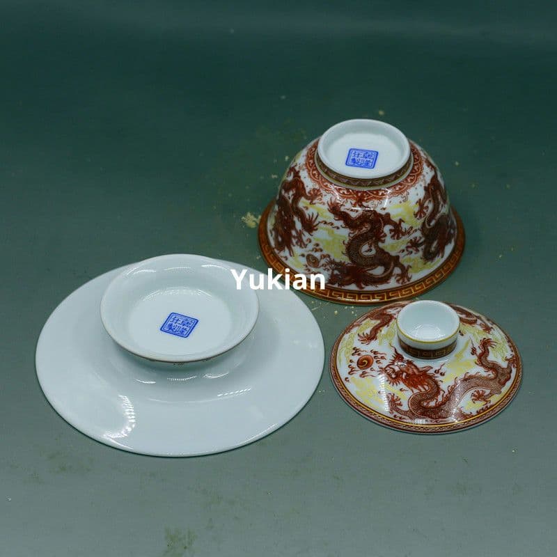 竜三才蓋碗 陶磁 茶器 茶碗 茶道具 香道具 装飾品 現代工芸品